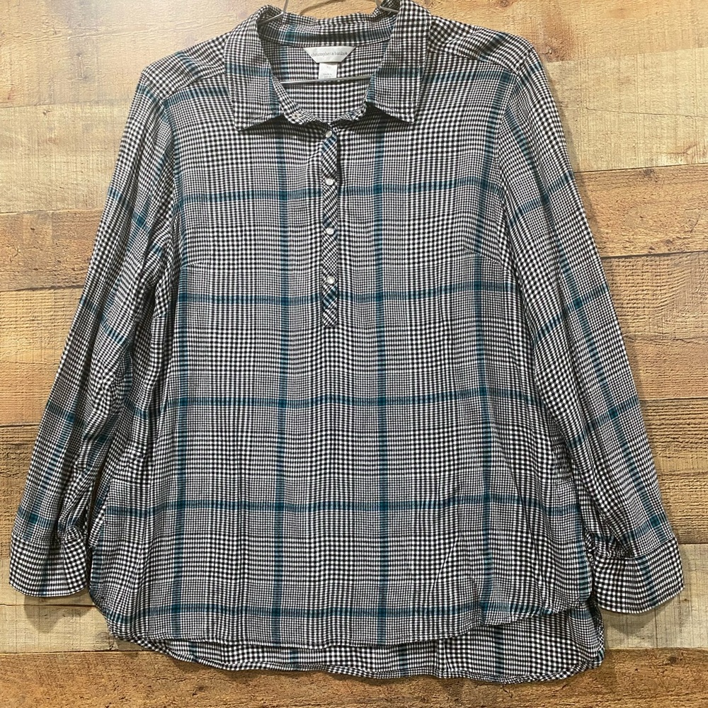 Christopher & Banks Plaid Black & Teal Plaid Blouse Size XL